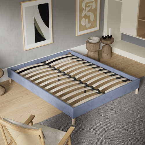 Sommier 90x190 Cm, Cadre En Tissu Bleu, Pieds En Bois