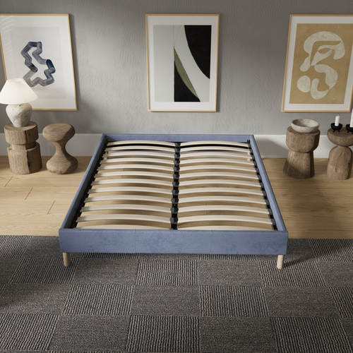Sommier 80x200 Cm, Cadre En Tissu Bleu, Pieds En Bois