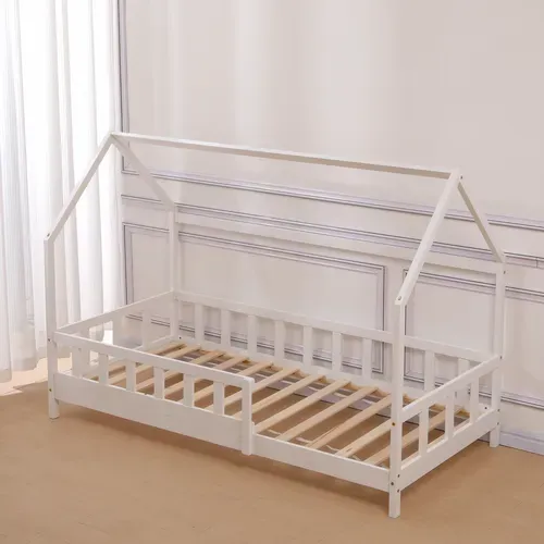 Lit Enfant Cabane 90x190 Cm Avec Sommier - Hauteur Des Pieds 10 Cm - Blanc