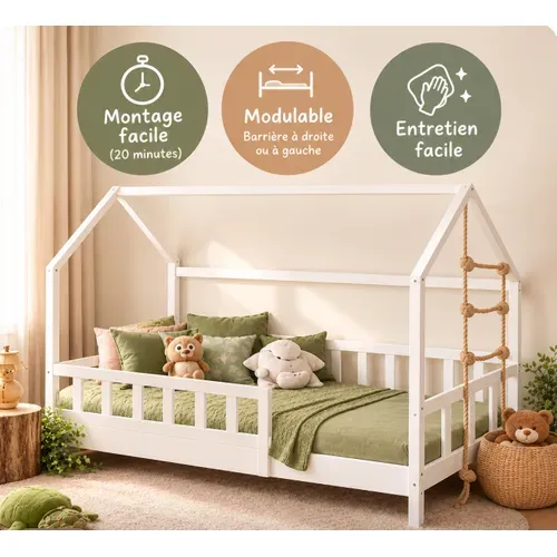 Lit Enfant Cabane 90x190 Cm Avec Sommier - Hauteur Des Pieds 10 Cm - Blanc