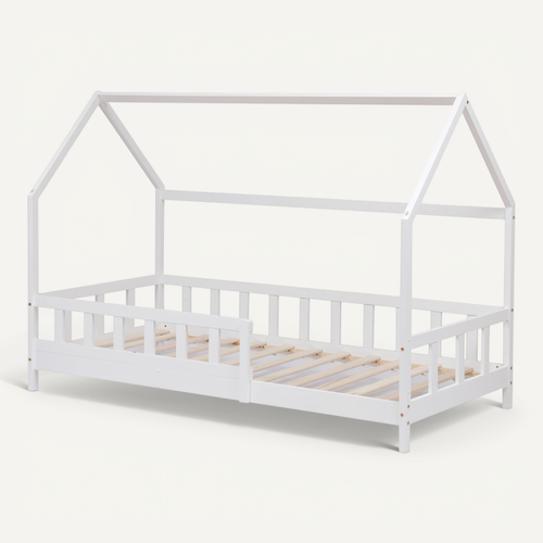 Lit Enfant Cabane 90x190 Cm Avec Sommier - Hauteur Des Pieds 10 Cm - Blanc