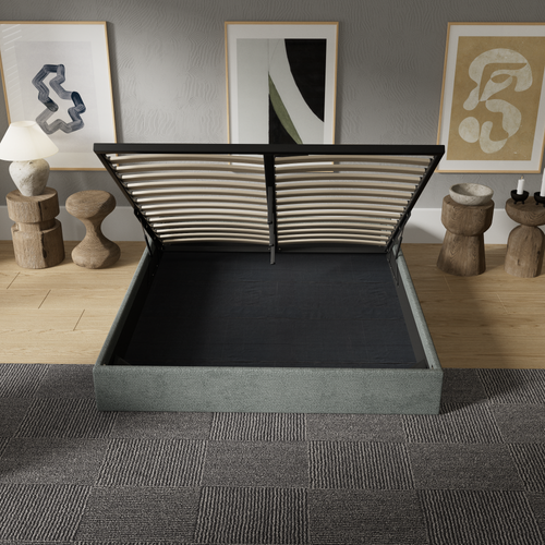 Lit Coffre 120 X 190 Cm, Sommier à Lattes En Bois, Cadre En Tissu Vert