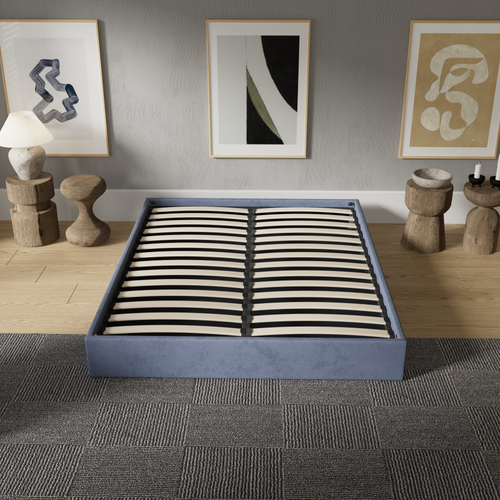 Lit Coffre 120 X 190 Cm, Sommier à Lattes En Bois, Cadre En Tissu Bleu