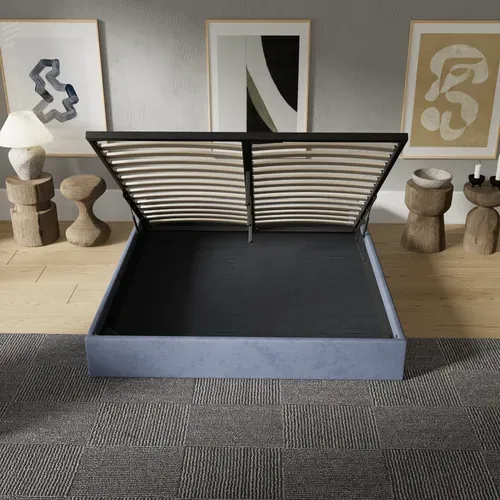 Lit Coffre 120 X 190 Cm, Sommier à Lattes En Bois, Cadre En Tissu Bleu