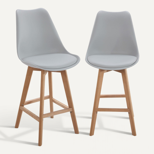 Lot 2 Chaises De Bar Scandinaves 70cm Large Siège Coussin Simili Pieds Bois Tika (gris)