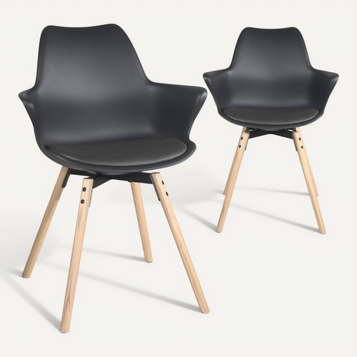 Lot 2 Chaises Scandinaves Accoudoirs Pieds Bois Clair Coussin Simili Moti (noir)
