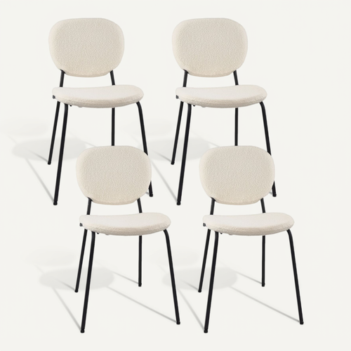 Lot De 4 Chaises De Salle à Manger Mada En Tissu Bouclette Blanc Avec Pieds Métal Noir