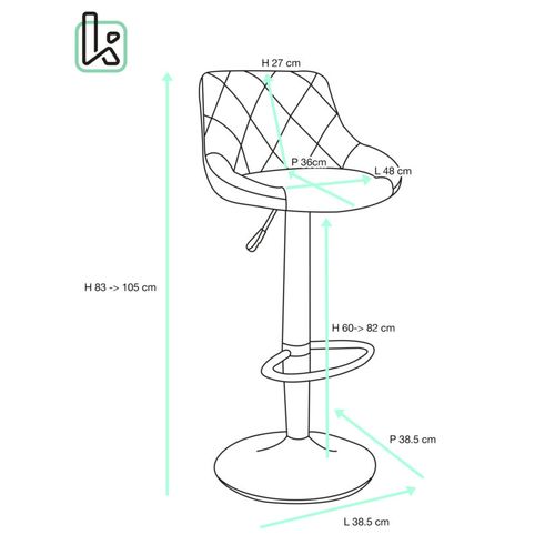 Lot De 2 Chaises De Bar Réglables Pivotantes En Tissu Matelassé Bleu Avec Pied Noir Luti