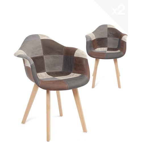 Lot De 2 Chaises Scandinaves à Accoudoir Patchwork Rembourré Pieds Bois Clair Neda (gris Bleu)