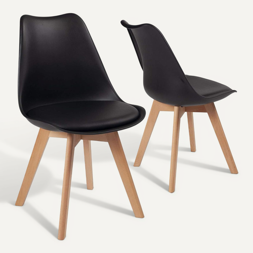Lot 2 Chaises Scandinaves Large Siège Coussin Simili Pieds Bois Hêtre Lao (noir)
