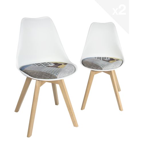 Lot 2 Chaises Scandinaves Coussin Tissu Patchwork Rembourré Pieds Bois Clair Lao (floral)