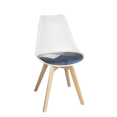 Lot 2 Chaises Scandinaves Coussin Tissu Patchwork Rembourré Pieds Bois Clair Lao (bleu)