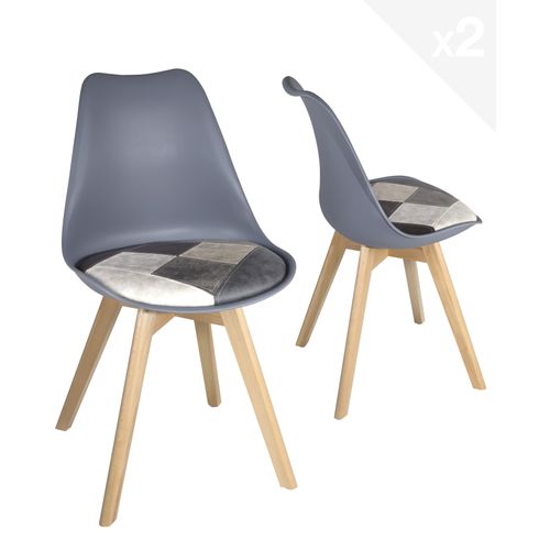 Lot 2 Chaises Scandinaves Coussin Simili Patchwork Rembourré Pieds Bois Clair Lao (gris Bleu)