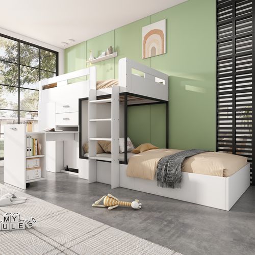 Lit Superposé Multifonction Avec Bureau, Tiroirs Et LED - 90x200 Cm, Métal + MDF, Capacité 240 Kg - Sans Matelas