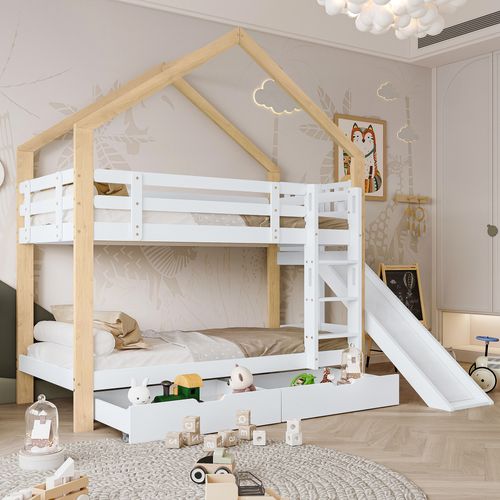 Lit Mezzanine Enfant 90x200 Cm Avec Toboggan & Échelle-Rangement - Bois Massif - Barreaux De Sécurité - Sommier à Lattes - Charge 150 Kg