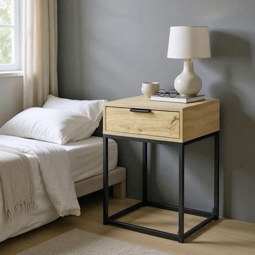 Table De Chevet Carrée 1 Tiroir "maluma" 60cm Naturel et Noir