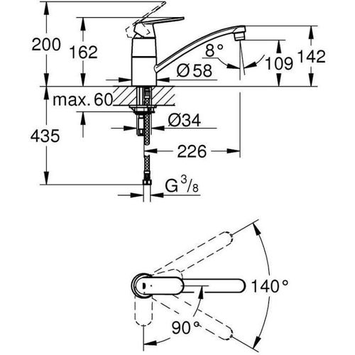 Mitigeur Évier Eurosmart Cosmopolitan Bec Bas Tube Pivotant 140° Chrome