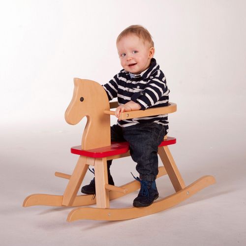 Cheval à Bascule En Bois + Anneau De Protection Amovible - Dès 1 An - Naturel/rouge