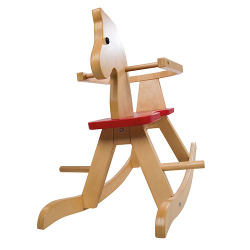 Cheval à Bascule En Bois + Anneau De Protection Amovible - Dès 1 An - Naturel/rouge