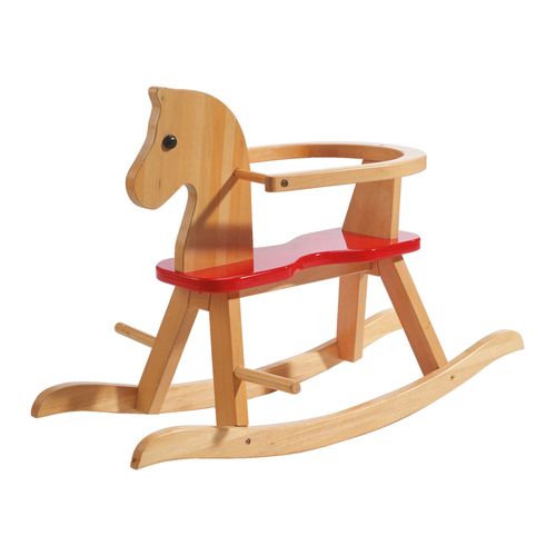 Cheval à Bascule En Bois + Anneau De Protection Amovible - Dès 1 An - Naturel/rouge