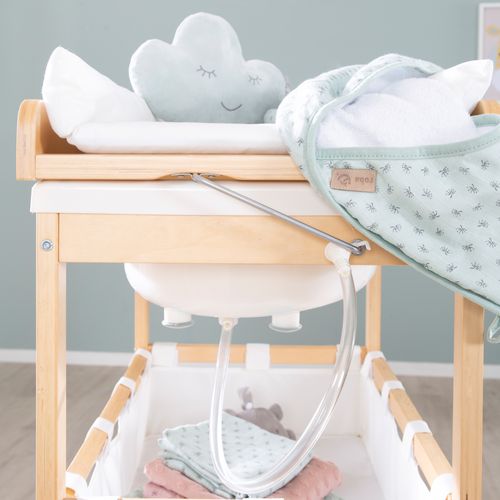 Table à Langer Avec Baignoire Baby Pool + Matelas à Langer Blanc - Bois Naturel
