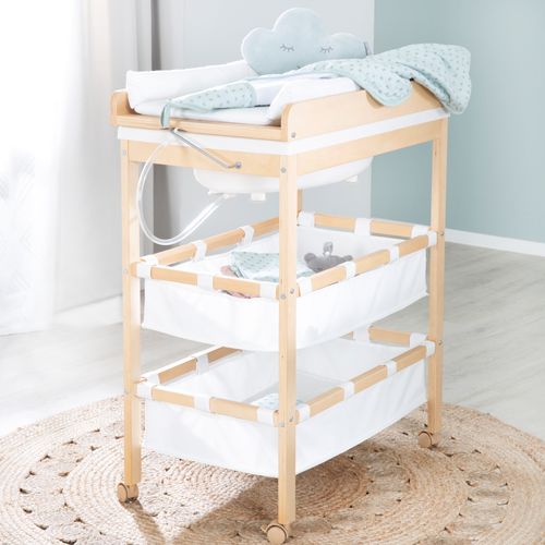 Table à Langer Avec Baignoire Baby Pool + Matelas à Langer Blanc - Bois Naturel