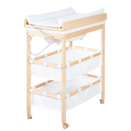 Table à Langer Avec Baignoire Baby Pool + Matelas à Langer Blanc - Bois Naturel