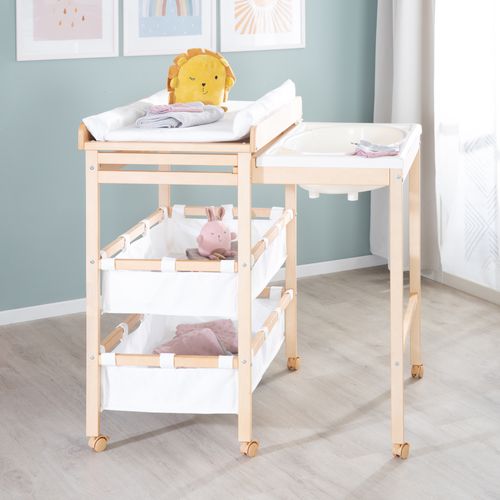 Table à Langer Avec Baignoire Baby Pool + Matelas à Langer Blanc - Bois Naturel