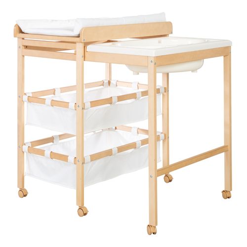 Table à Langer Avec Baignoire Baby Pool + Matelas à Langer Blanc - Bois Naturel