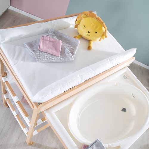 Table à Langer Avec Baignoire Baby Pool + Matelas à Langer Blanc - Bois Naturel