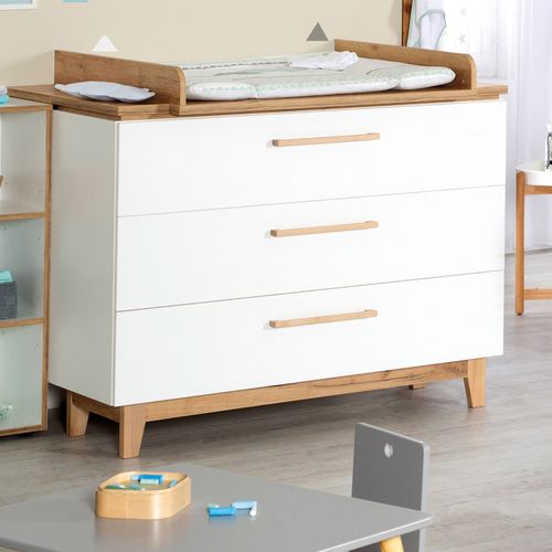 Commode à Langer Finn - 3 Tiroirs - Blanc / Effet Chêne Doré