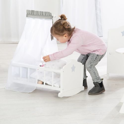 Berceau De Poupée Complet Stella - Inclus Textile à Motif étoile - Blanc/gris