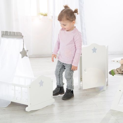 Berceau De Poupée Complet Stella - Inclus Textile à Motif étoile - Blanc/gris