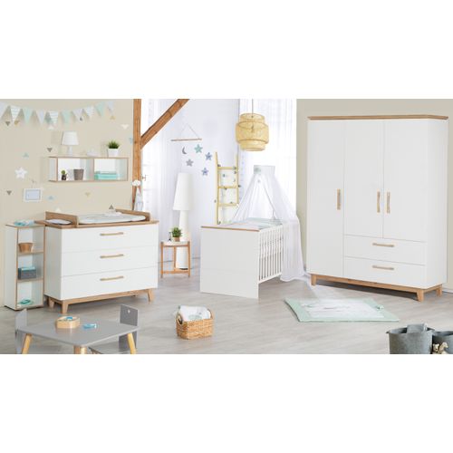 Ensemble De Chambre Finn - Lit Bébé + Commode À Langer + Armoire 3 Portes - Blanc / Effet Chêne