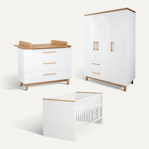 Ensemble De Chambre Finn - Lit Bébé + Commode À Langer + Armoire 3 Portes - Blanc / Effet Chêne