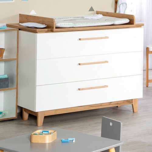 Ensemble De Chambre Finn - Lit Bébé + Commode À Langer + Armoire 3 Portes - Blanc / Effet Chêne