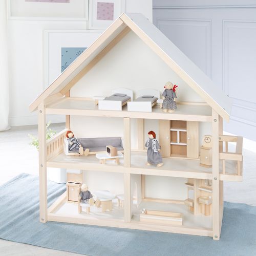 Maison De Poupée + 16 Pièces De Mobilier Et 4 Poupées – Bois Naturel