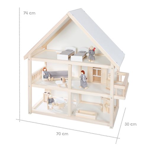 Maison De Poupée + 16 Pièces De Mobilier Et 4 Poupées – Bois Naturel