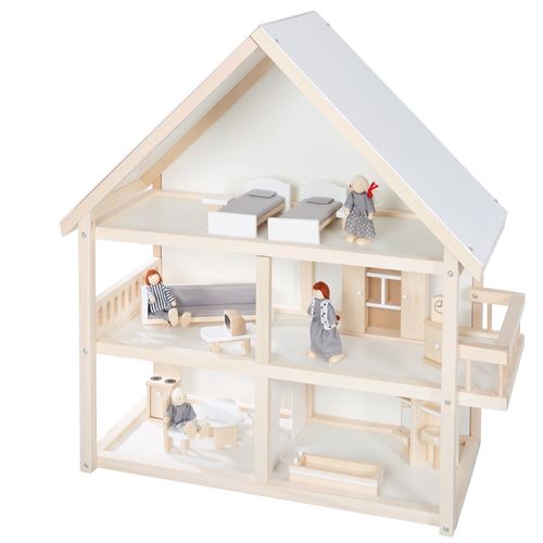 Maison De Poupée + 16 Pièces De Mobilier Et 4 Poupées – Bois Naturel