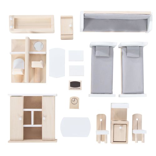 Maison De Poupée + 16 Pièces De Mobilier Et 4 Poupées – Bois Naturel