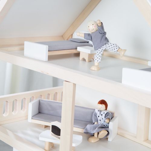 Maison De Poupée + 16 Pièces De Mobilier Et 4 Poupées – Bois Naturel