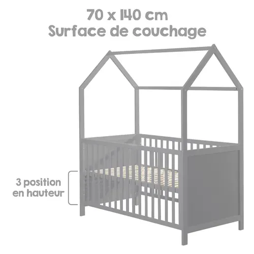 Lit Cabane Bébé évolutif 70x140 - Convertible - Bois Gris