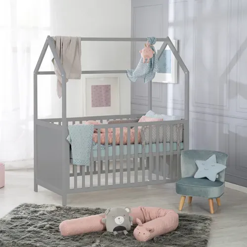 Lit Cabane Bébé évolutif 70x140 - Convertible - Bois Gris