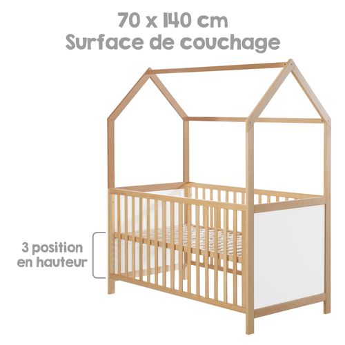 Lit Cabane Bébé Évolutif 70x140 - Convertible - Bois Blanc / Naturel