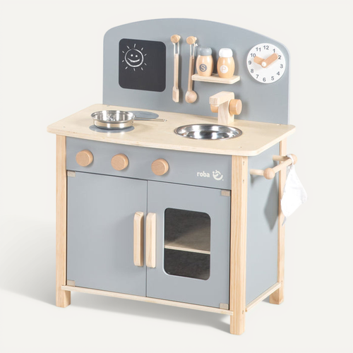 Roba Mini Cuisine Extérieure Murale Pour Enfants En Bois Massif Gris - Évier, Plaque Et Accessoires Inclus