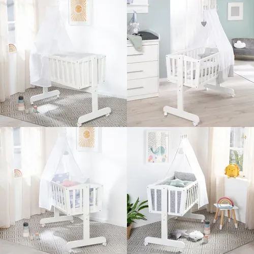 Berceau En Bois Laqué Blanc Avec Roulettes à Freins Et Matelas