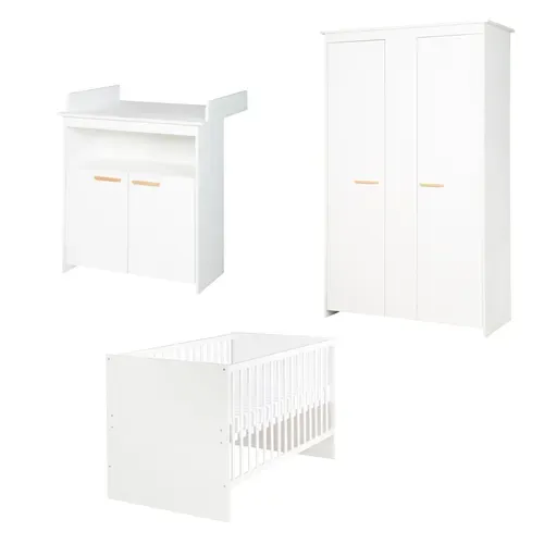 Chambre Bébé Complète Anton - Lit Évolutif 70 X 140 + Commode à Langer + Armoire 3 Portes - Blanc