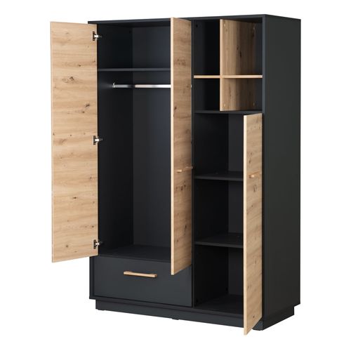 Armoire Bébé Lenn 3 Portes À Fermeture Douce - Poignées En Bois Massif - Anthracite - Décor Bois