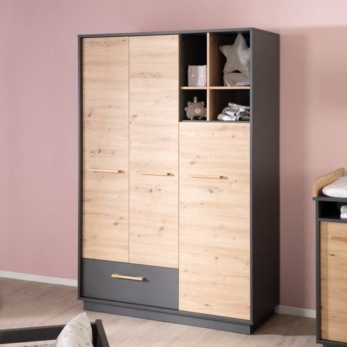 Armoire Bébé Lenn 3 Portes À Fermeture Douce - Poignées En Bois Massif - Anthracite - Décor Bois