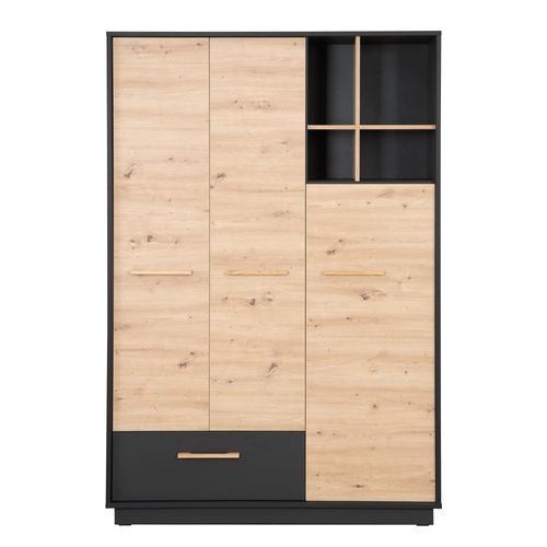 Armoire Bébé Lenn 3 Portes À Fermeture Douce - Poignées En Bois Massif - Anthracite - Décor Bois